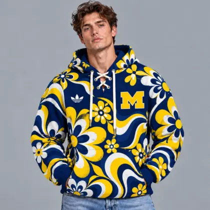 Michigan Wolverines | Premium NCAA Retro Groovy Floral Swirl Print Lace Up V Neck Pullover Hoodie NDN