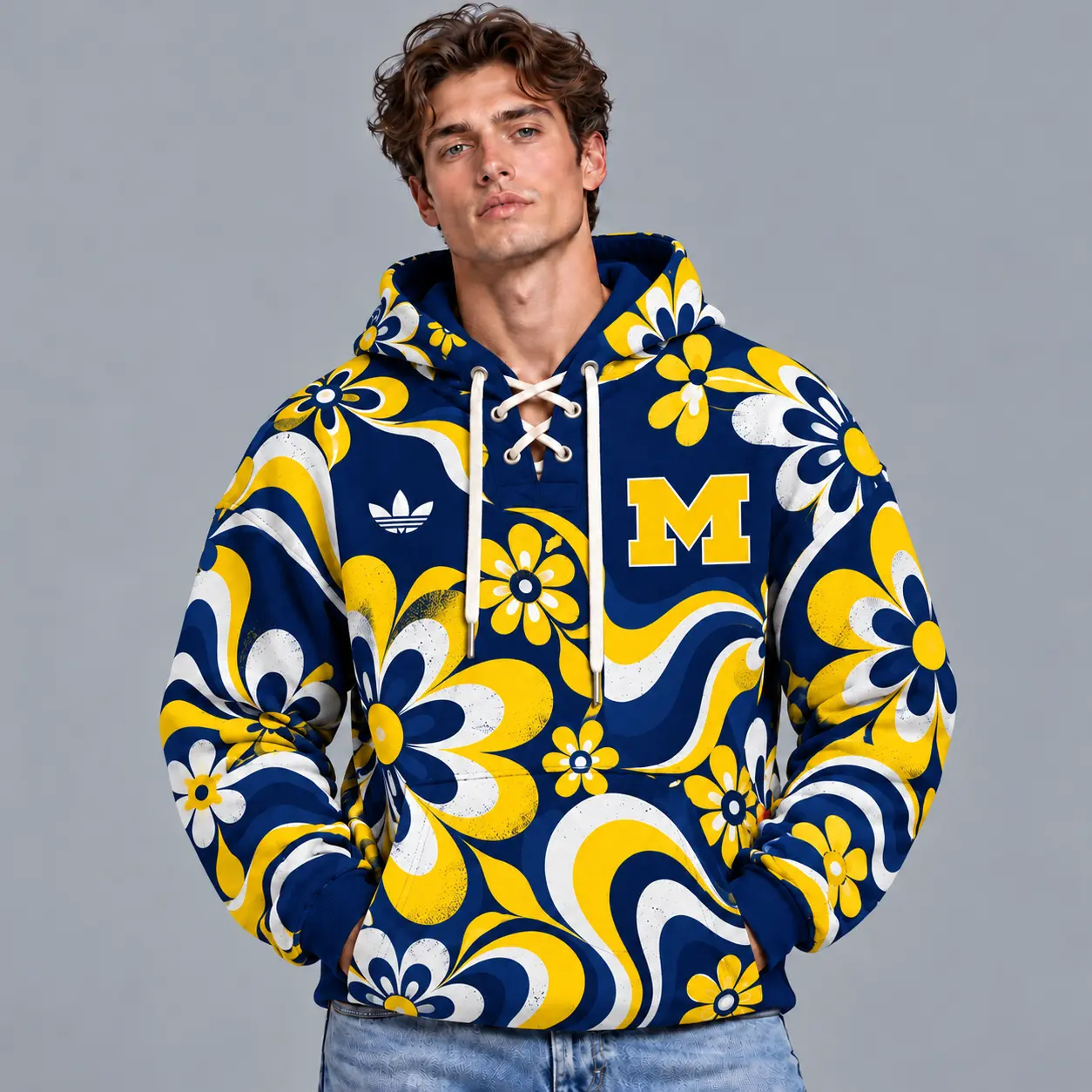 Michigan Wolverines | Premium NCAA Retro Groovy Floral Swirl Print Lace Up V Neck Pullover Hoodie NDN