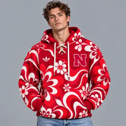 Nebraska Cornhuskers | Premium NCAA Retro Groovy Floral Swirl Print Lace Up V Neck Pullover Hoodie NDN