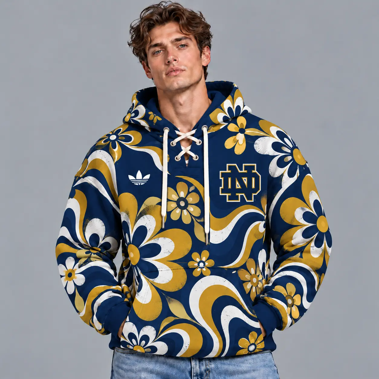 Notre Dame Fighting Irish | Premium NCAA Retro Groovy Floral Swirl Print Lace Up V Neck Pullover Hoodie NDN