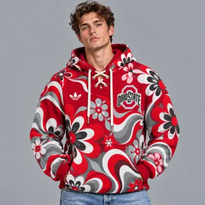 Ohio State Buckeyes | Premium NCAA Retro Groovy Floral Swirl Print Lace Up V Neck Pullover Hoodie NDN