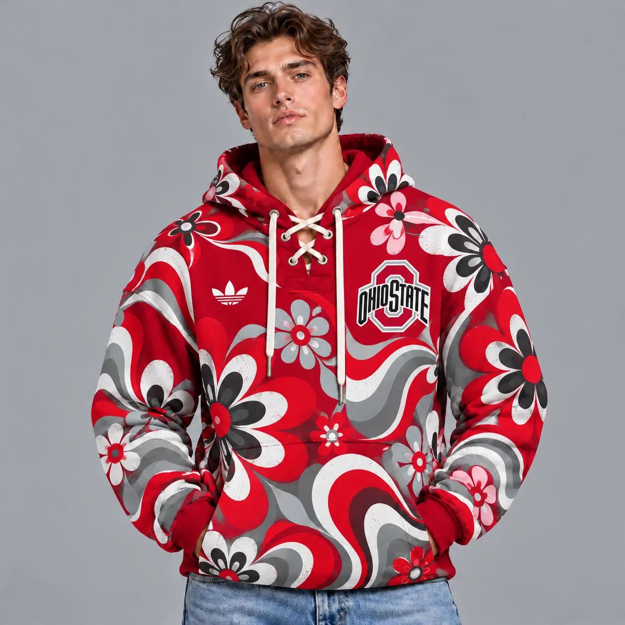 Ohio State Buckeyes | Premium NCAA Retro Groovy Floral Swirl Print Lace Up V Neck Pullover Hoodie NDN