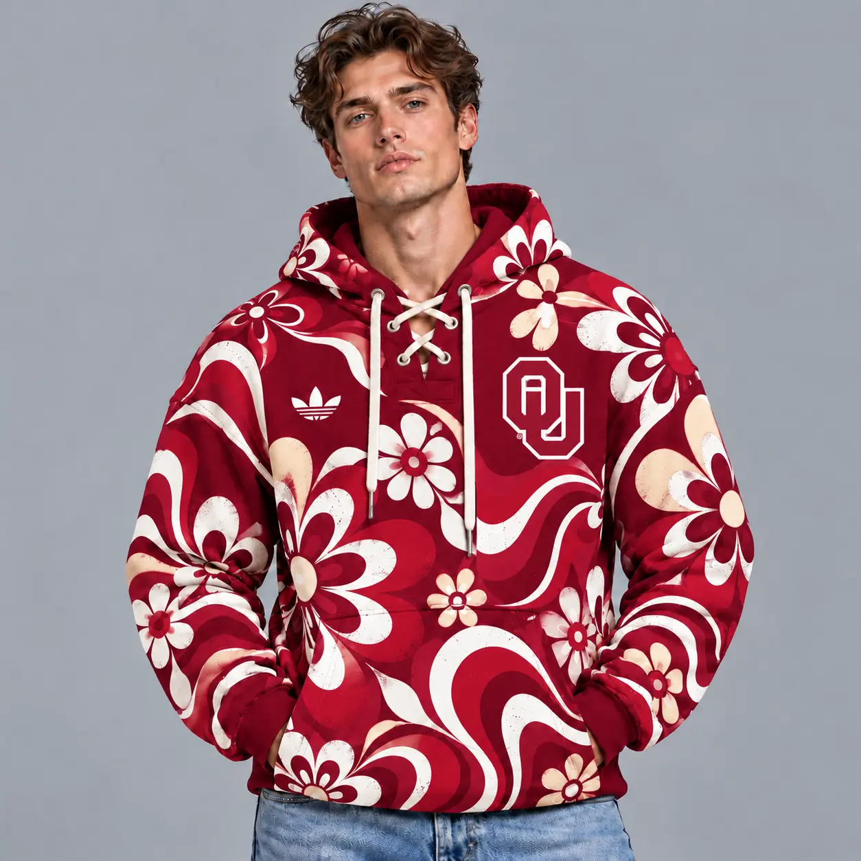 Oklahoma Sooners | Premium NCAA Retro Groovy Floral Swirl Print Lace Up V Neck Pullover Hoodie NDN