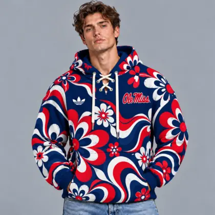 Ole Miss Rebels | Premium NCAA Retro Groovy Floral Swirl Print Lace Up V Neck Pullover Hoodie NDN