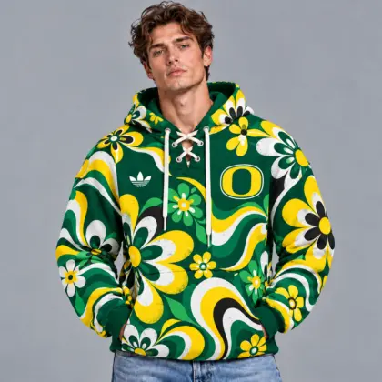 Oregon Ducks | Premium NCAA Retro Groovy Floral Swirl Print Lace Up V Neck Pullover Hoodie NDN