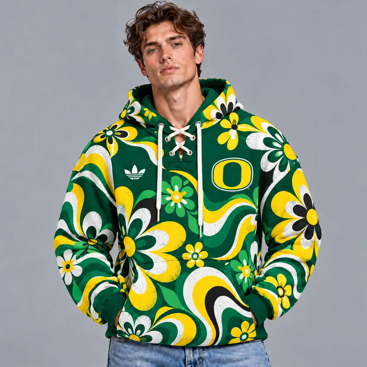 Oregon Ducks | Premium NCAA Retro Groovy Floral Swirl Print Lace Up V Neck Pullover Hoodie NDN