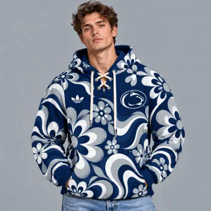 Penn State Nittany Lions | Premium NCAA Retro Groovy Floral Swirl Print Lace Up V Neck Pullover Hoodie NDN