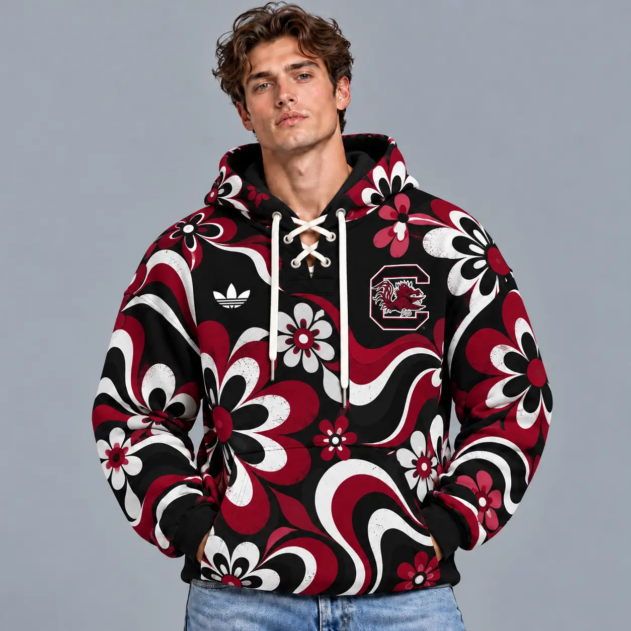 South Carolina Gamecocks | Premium NCAA Retro Groovy Floral Swirl Print Lace Up V Neck Pullover Hoodie NDN