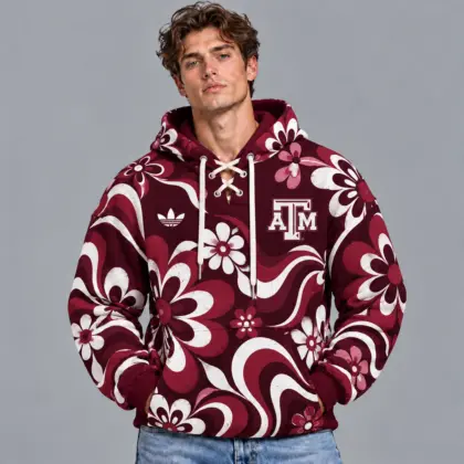 Texas A&amp;m Aggies | Premium NCAA Retro Groovy Floral Swirl Print Lace Up V Neck Pullover Hoodie NDN