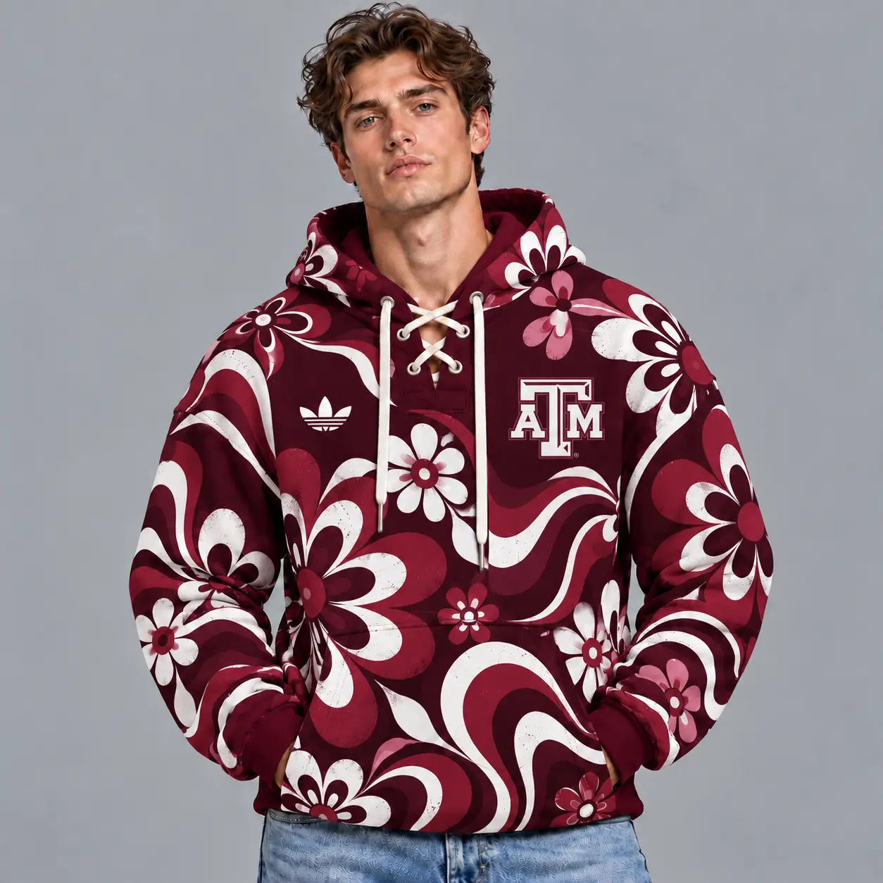 Texas A&m Aggies | Premium NCAA Retro Groovy Floral Swirl Print Lace Up V Neck Pullover Hoodie NDN