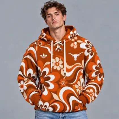 Texas Longhorns | Premium NCAA Retro Groovy Floral Swirl Print Lace Up V Neck Pullover Hoodie NDN