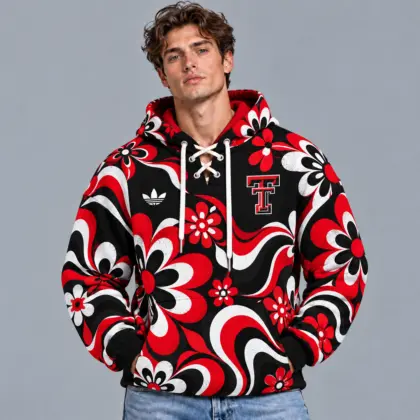 Texas Tech Red Raiders | Premium NCAA Retro Groovy Floral Swirl Print Lace Up V Neck Pullover Hoodie NDN