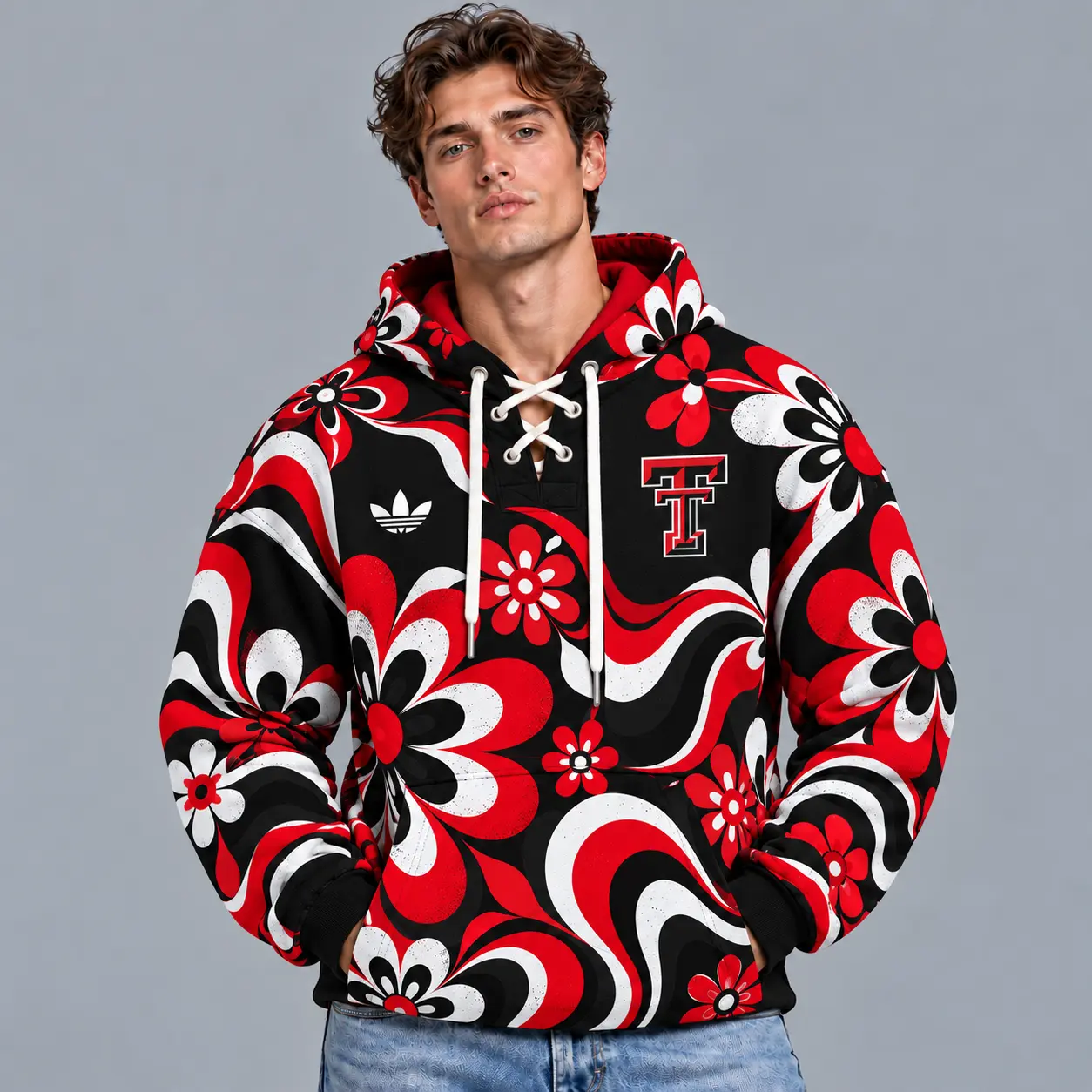 Texas Tech Red Raiders | Premium NCAA Retro Groovy Floral Swirl Print Lace Up V Neck Pullover Hoodie NDN