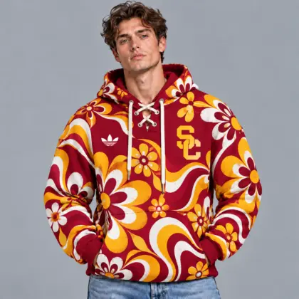 Usc Trojans | Premium NCAA Retro Groovy Floral Swirl Print Lace Up V Neck Pullover Hoodie NDN