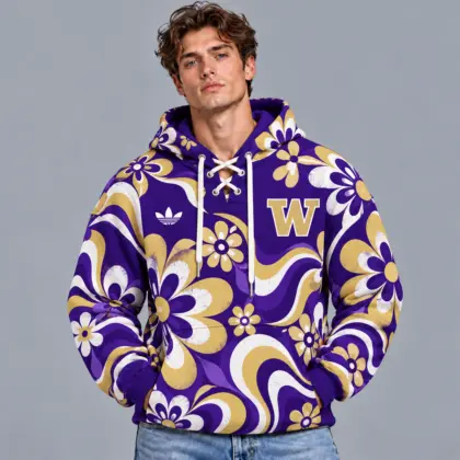 Washington Huskies | Premium NCAA Retro Groovy Floral Swirl Print Lace Up V Neck Pullover Hoodie NDN