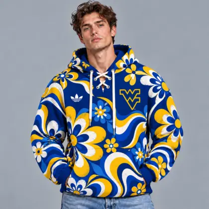 West Virginia Mountaineers | Premium NCAA Retro Groovy Floral Swirl Print Lace Up V Neck Pullover Hoodie NDN