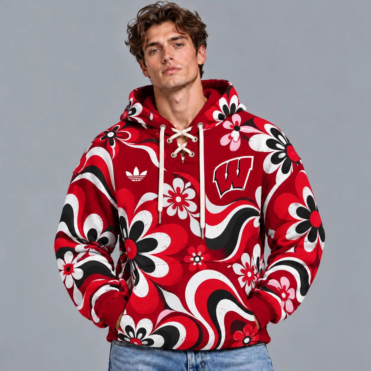 Wisconsin Badgers | Premium NCAA Retro Groovy Floral Swirl Print Lace Up V Neck Pullover Hoodie NDN