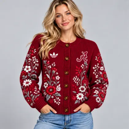 Alabama Crimson Tide | Premium NCAA Women's Elegant Botanical Floral Print Button Up Knit Cardigan Sweater NDN