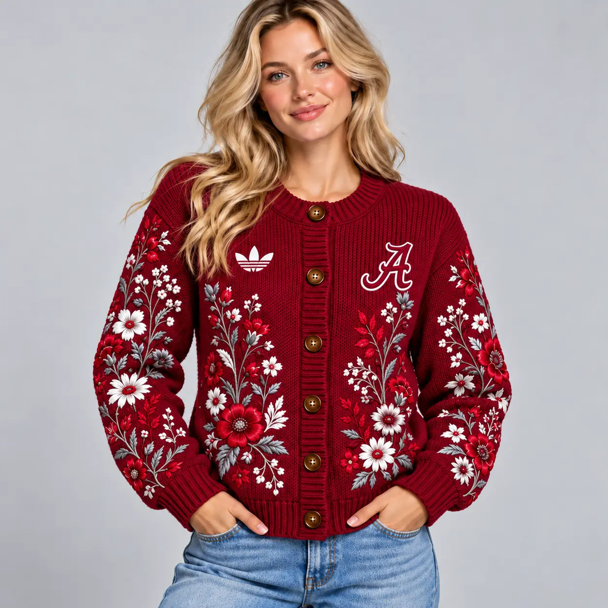 Alabama Crimson Tide | Premium NCAA Women's Elegant Botanical Floral Print Button Up Knit Cardigan Sweater NDN