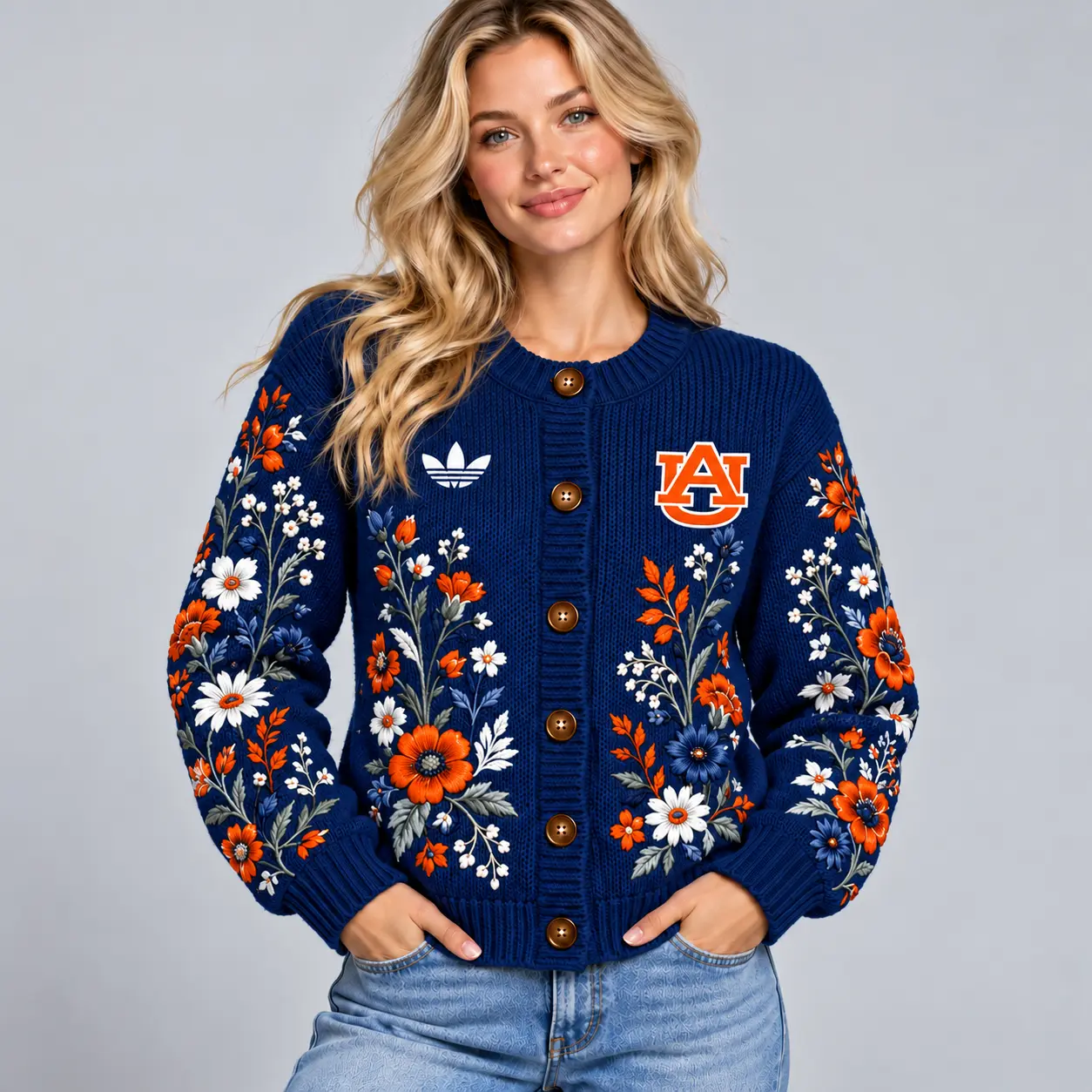 Auburn Tigers | Premium NCAA Women's Elegant Botanical Floral Print Button Up Knit Cardigan Sweater NDN