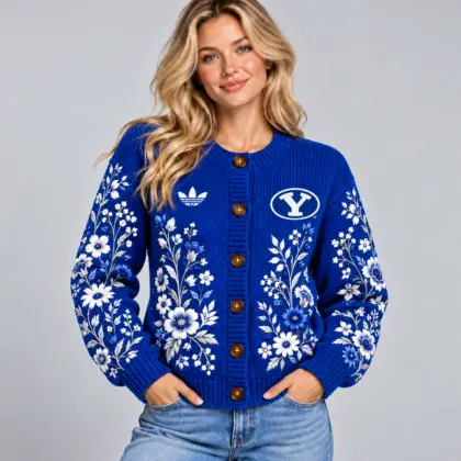 Byu Cougars | Premium NCAA Women's Elegant Botanical Floral Print Button Up Knit Cardigan Sweater NDN