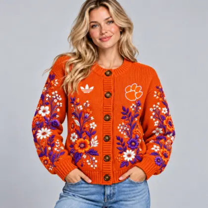 Clemson Tigers | Premium NCAA Women's Elegant Botanical Floral Print Button Up Knit Cardigan Sweater NDN