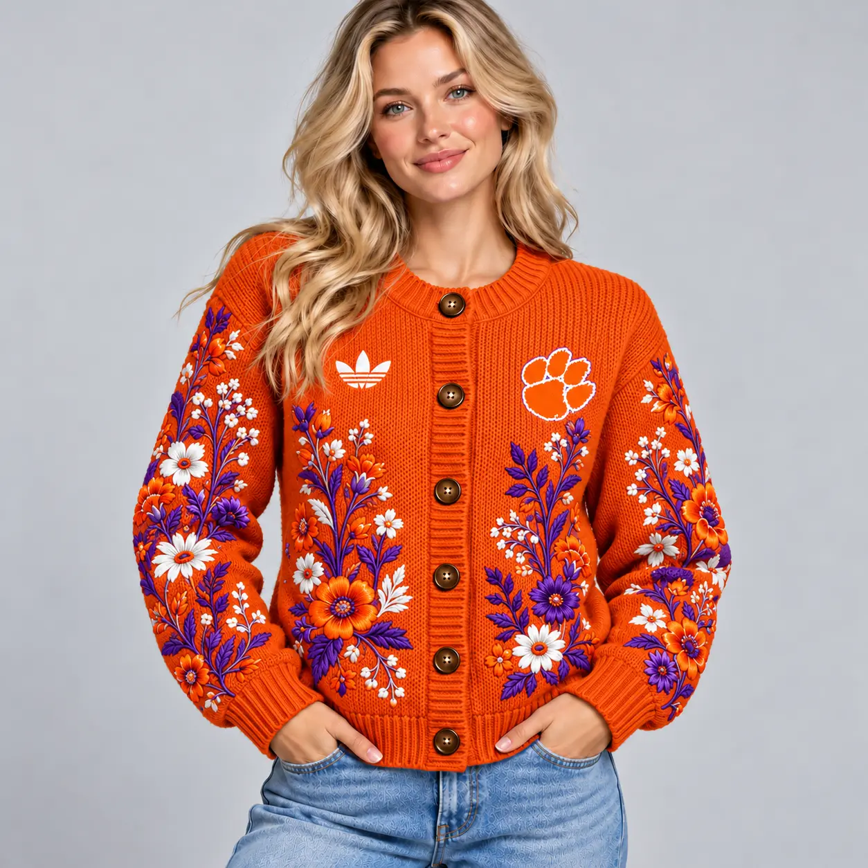 Clemson Tigers | Premium NCAA Women's Elegant Botanical Floral Print Button Up Knit Cardigan Sweater NDN