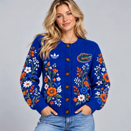 Florida Gators | Premium NCAA Women's Elegant Botanical Floral Print Button Up Knit Cardigan Sweater NDN