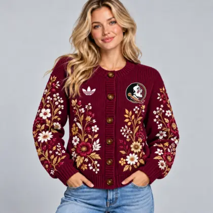 Florida State Seminoles | Premium NCAA Women's Elegant Botanical Floral Print Button Up Knit Cardigan Sweater NDN