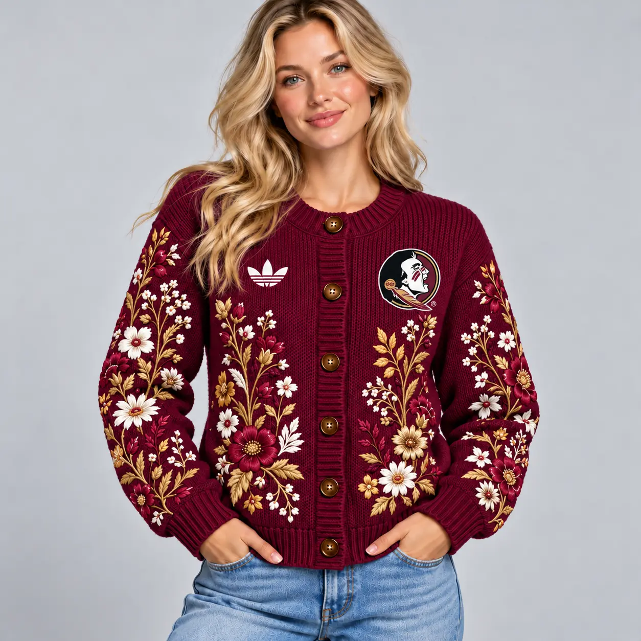 Florida State Seminoles | Premium NCAA Women's Elegant Botanical Floral Print Button Up Knit Cardigan Sweater NDN