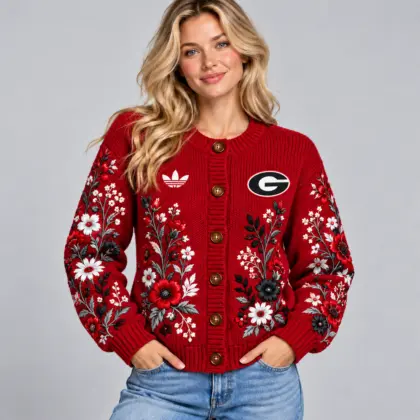 Georgia Bulldogs | Premium NCAA Women's Elegant Botanical Floral Print Button Up Knit Cardigan Sweater NDN