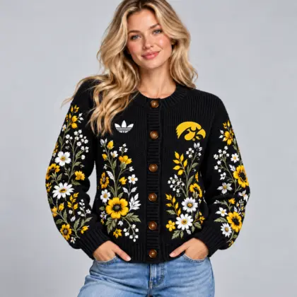 Iowa Hawkeyes | Premium NCAA Women's Elegant Botanical Floral Print Button Up Knit Cardigan Sweater NDN