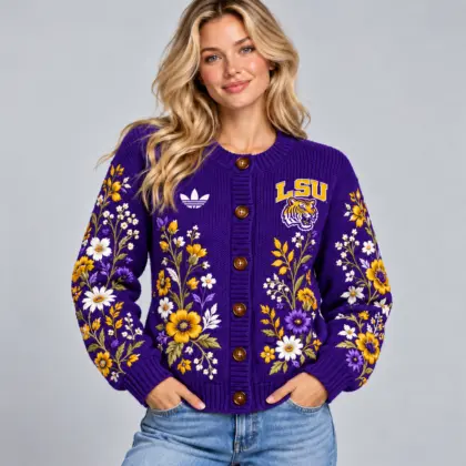 Lsu Tigers | Premium NCAA Women's Elegant Botanical Floral Print Button Up Knit Cardigan Sweater NDN