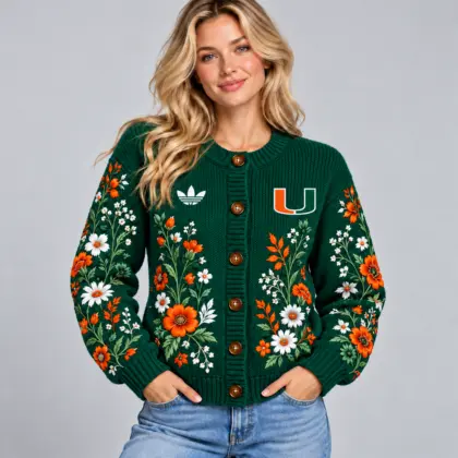 Miami Hurricanes | Premium NCAA Women's Elegant Botanical Floral Print Button Up Knit Cardigan Sweater NDN