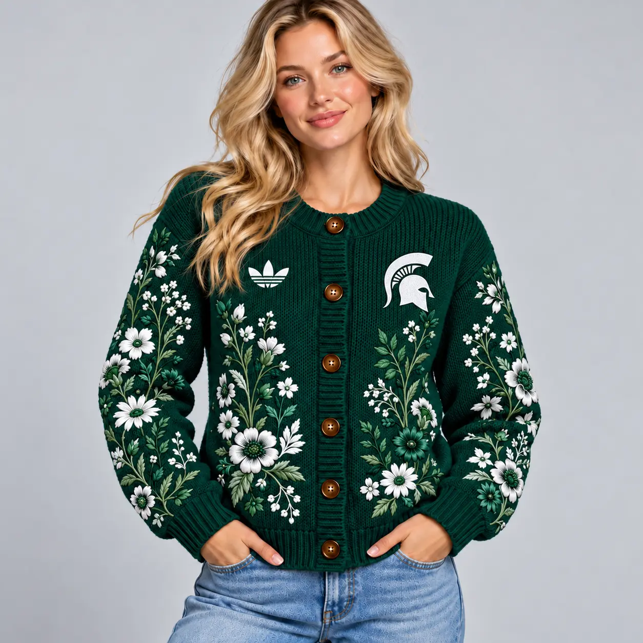 Michigan State Spartans | Premium NCAA Women's Elegant Botanical Floral Print Button Up Knit Cardigan Sweater NDN