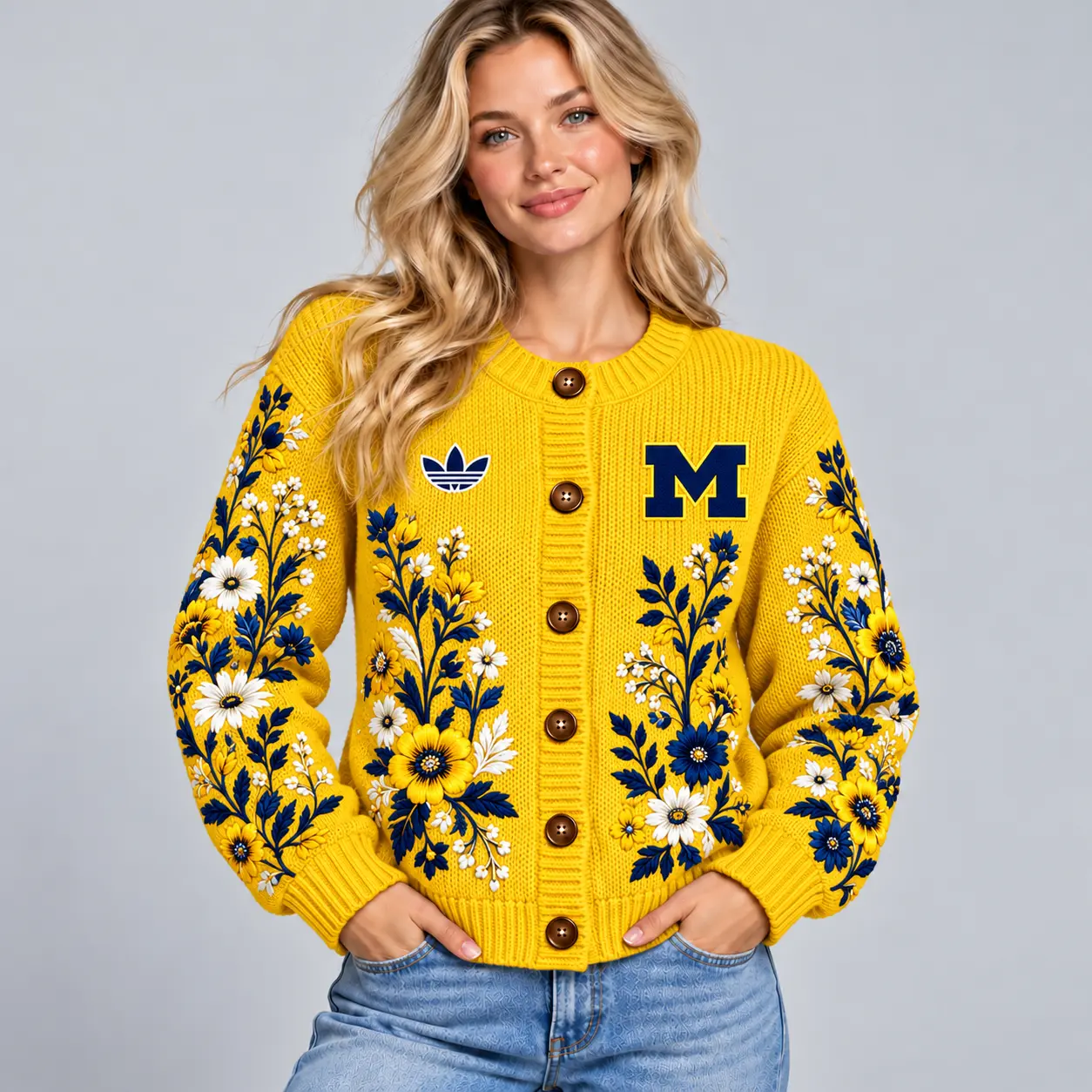 Michigan Wolverines | Premium NCAA Women's Elegant Botanical Floral Print Button Up Knit Cardigan Sweater NDN