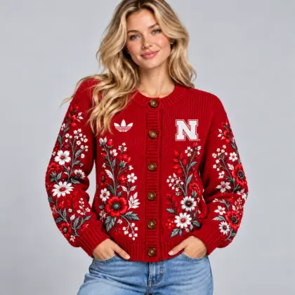 Nebraska Cornhuskers | Premium NCAA Women's Elegant Botanical Floral Print Button Up Knit Cardigan Sweater NDN