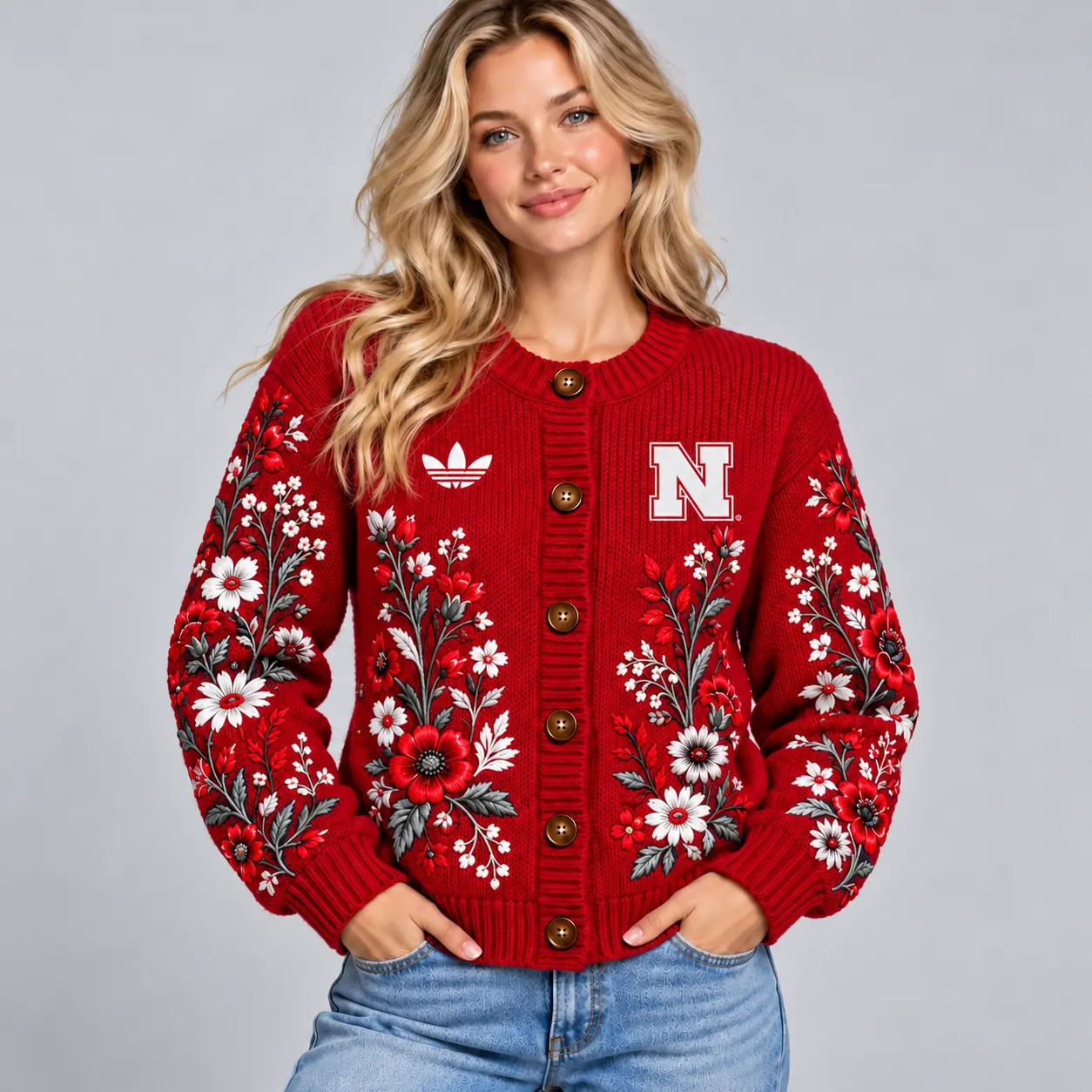 Nebraska Cornhuskers | Premium NCAA Women's Elegant Botanical Floral Print Button Up Knit Cardigan Sweater NDN