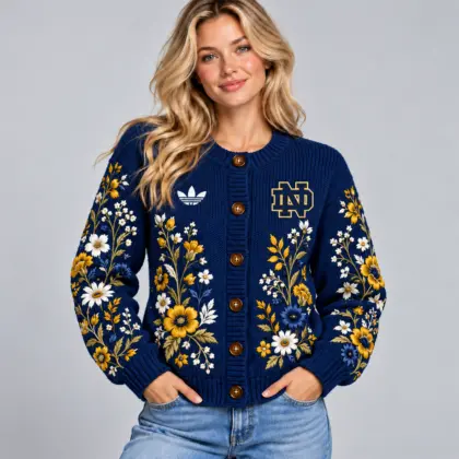 Notre Dame Fighting Irish | Premium NCAA Women's Elegant Botanical Floral Print Button Up Knit Cardigan Sweater NDN