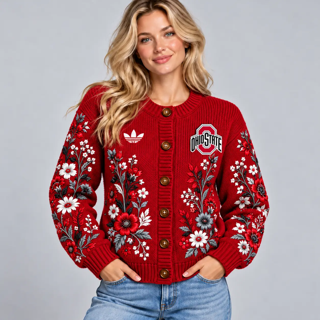 Ohio State Buckeyes | Premium NCAA Women's Elegant Botanical Floral Print Button Up Knit Cardigan Sweater NDN