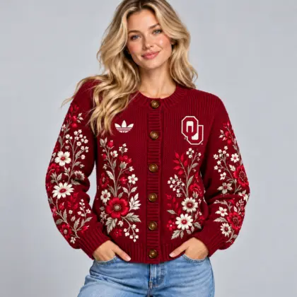 Oklahoma Sooners | Premium NCAA Women's Elegant Botanical Floral Print Button Up Knit Cardigan Sweater NDN