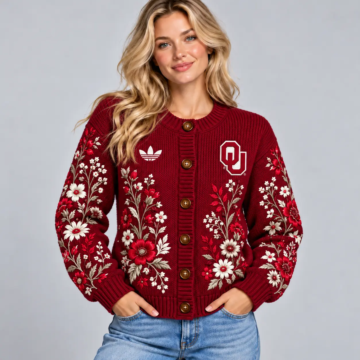 Oklahoma Sooners | Premium NCAA Women's Elegant Botanical Floral Print Button Up Knit Cardigan Sweater NDN