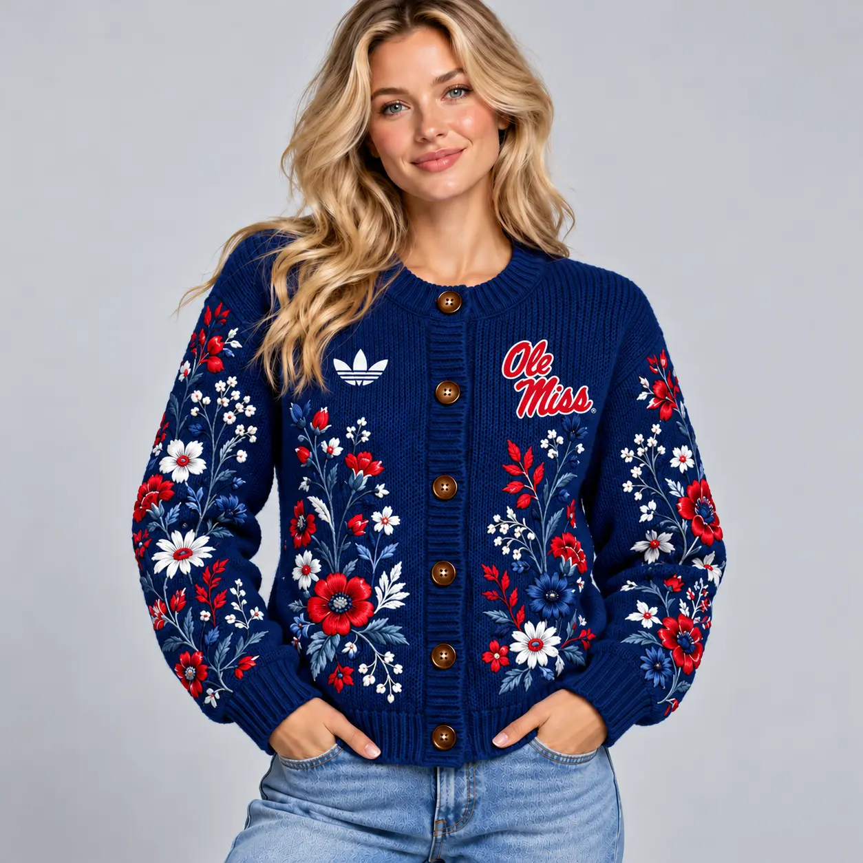Ole Miss Rebels | Premium NCAA Women's Elegant Botanical Floral Print Button Up Knit Cardigan Sweater NDN