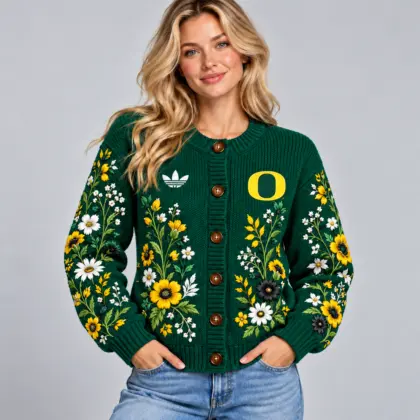 Oregon Ducks | Premium NCAA Women's Elegant Botanical Floral Print Button Up Knit Cardigan Sweater NDN