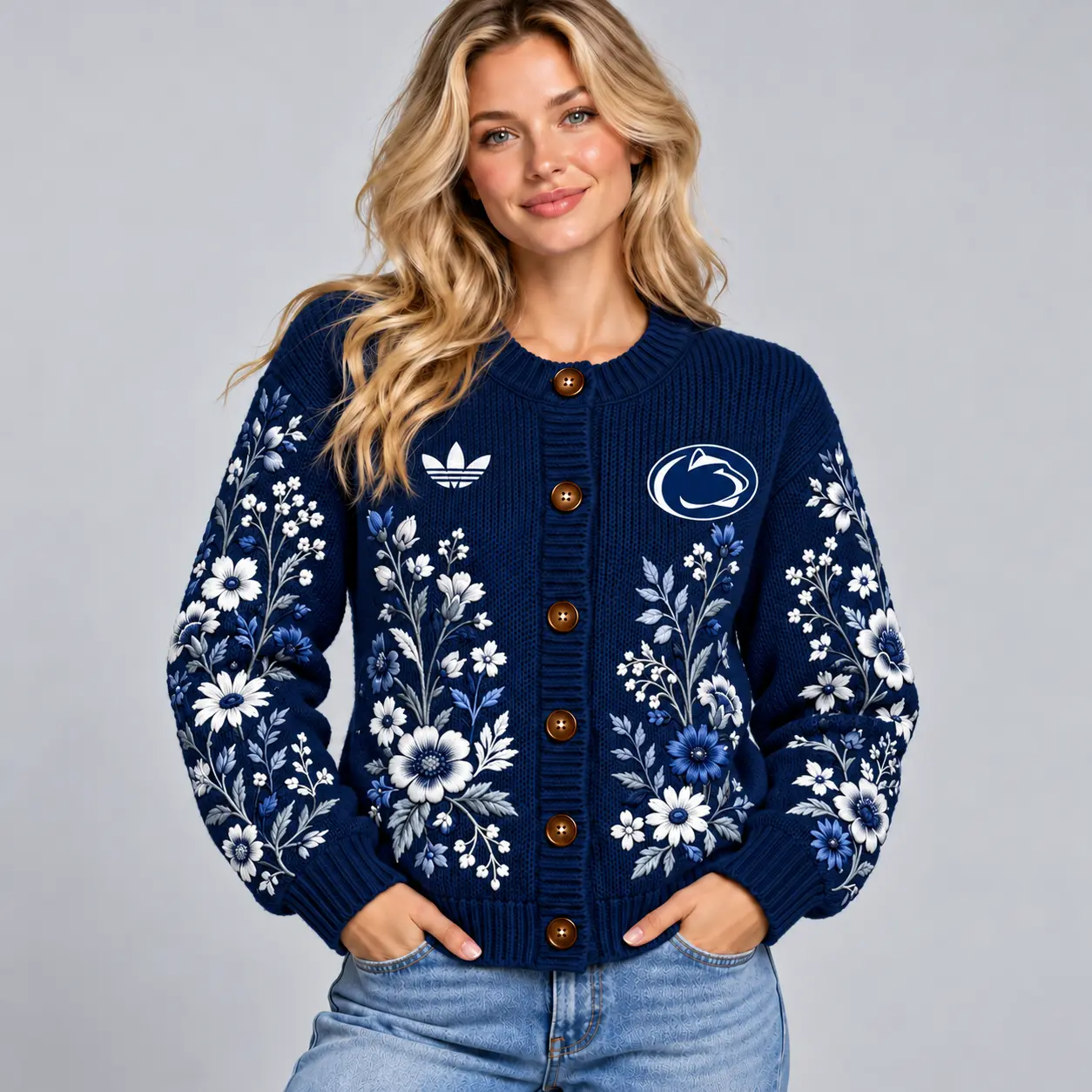 Penn State Nittany Lions | Premium NCAA Women's Elegant Botanical Floral Print Button Up Knit Cardigan Sweater NDN