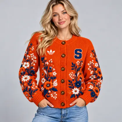 Syracuse Orange | Premium NCAA Women's Elegant Botanical Floral Print Button Up Knit Cardigan Sweater NDN