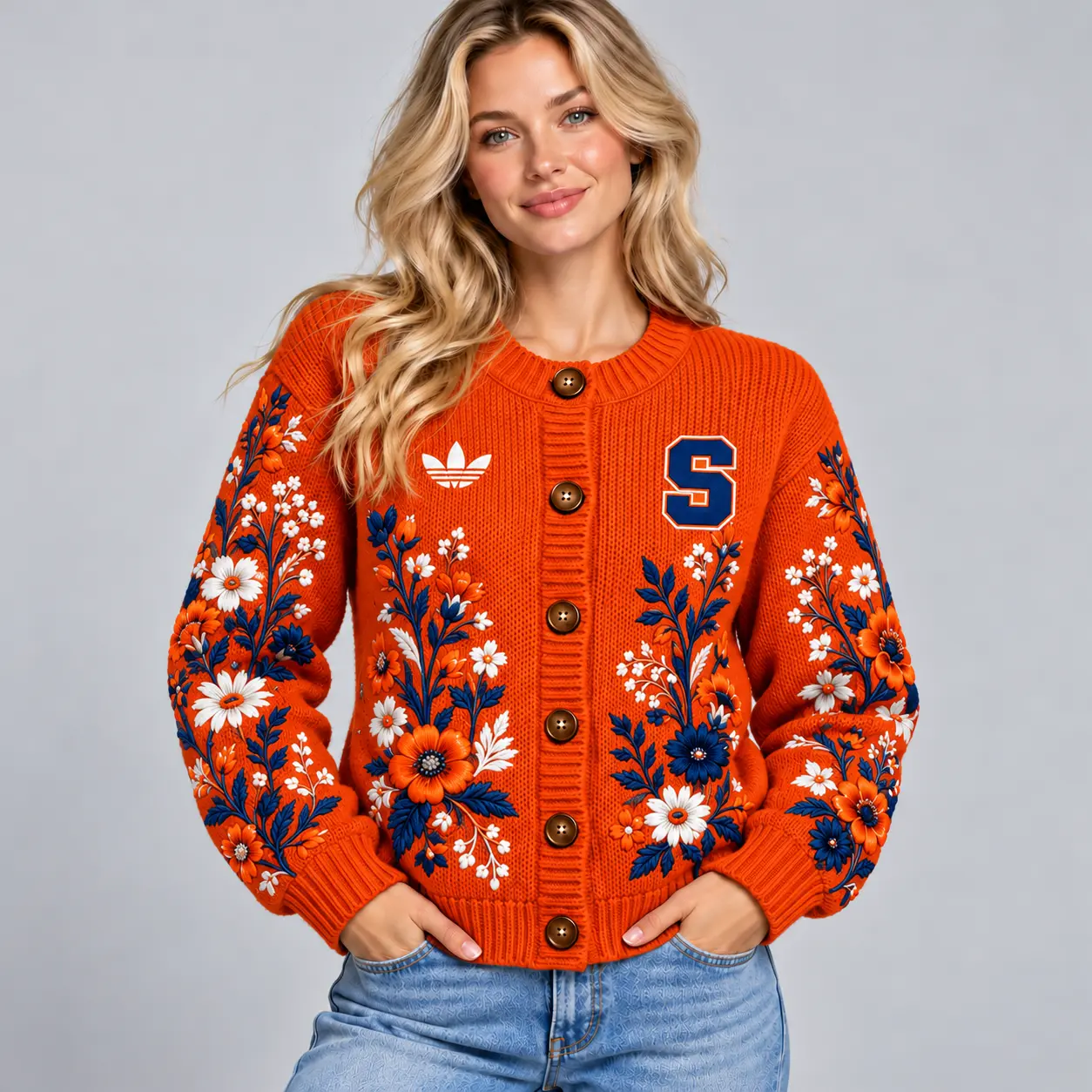 Syracuse Orange | Premium NCAA Women's Elegant Botanical Floral Print Button Up Knit Cardigan Sweater NDN