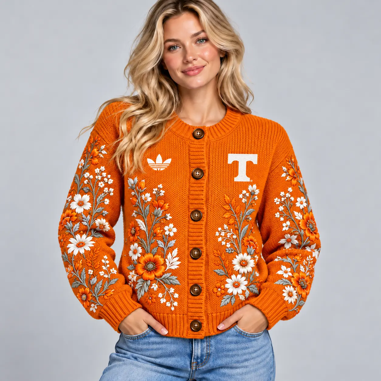 Tennessee Volunteers | Premium NCAA Women's Elegant Botanical Floral Print Button Up Knit Cardigan Sweater NDN