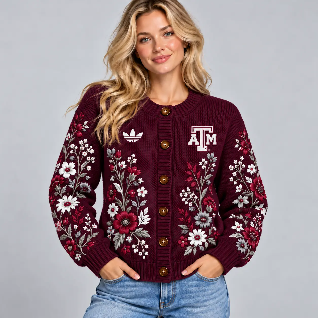Texas A&m Aggies | Premium NCAA Women's Elegant Botanical Floral Print Button Up Knit Cardigan Sweater NDN