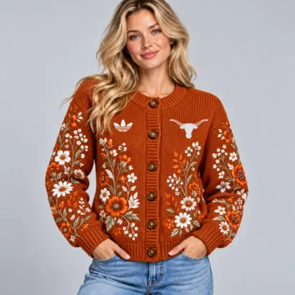 Texas Longhorns | Premium NCAA Women's Elegant Botanical Floral Print Button Up Knit Cardigan Sweater NDN